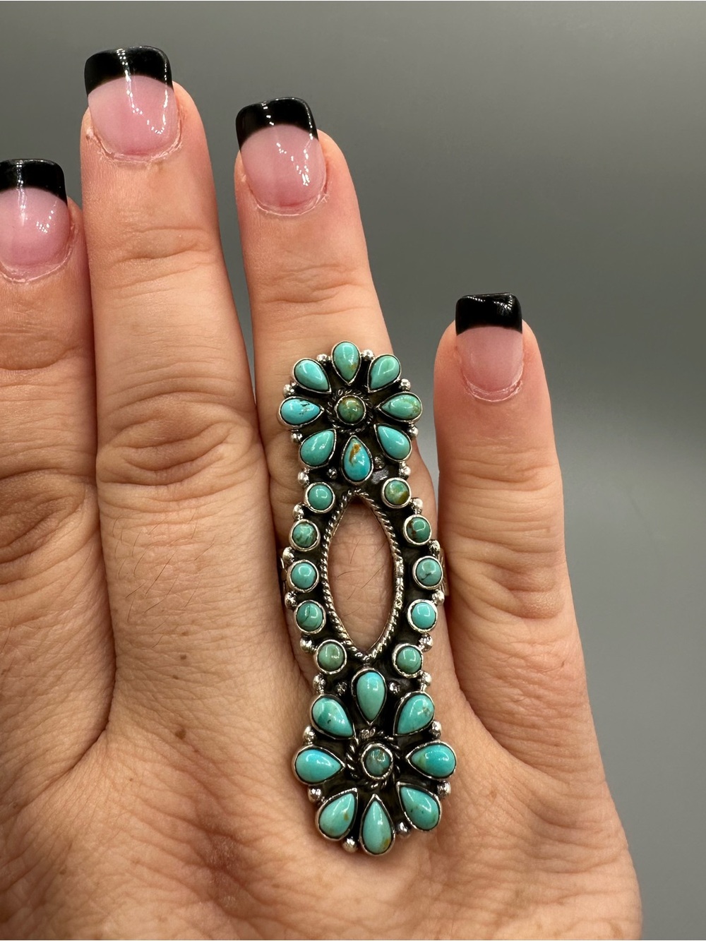 Turquoise Matte Sterling Silver 925 Handmade Adjustable Crawler Cluster Ring - Picture 8 of 8